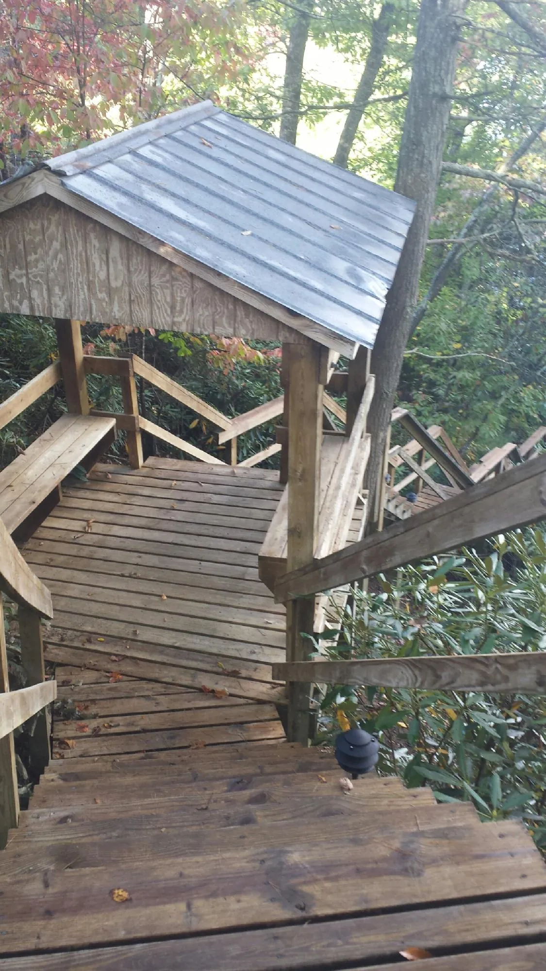 Metal roofed shelter over wooden steps on a wooded walkway — Skylight Repair & Installation work by our crew in Trumansburg